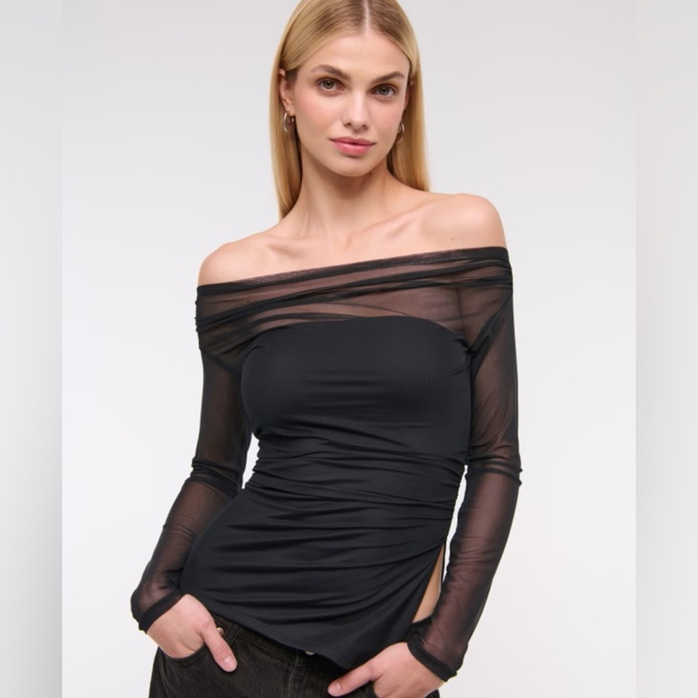 Abercrombie Off the Shoulder Sheer Black Long Sleeve Top